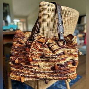 Flora Bella Anthropologie Raffia Leather Strap Shoulder Bag Detailed Pom Poms